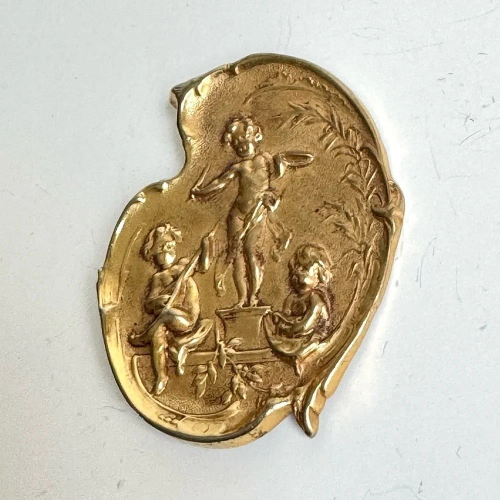 Vintage Cherub Brooch Art Nouveau Style Gold Plated Angel Pin Estate‎ Piece